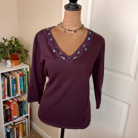 Vintage Deep Purple Whimsygtoh Y2K Sequin Trim Knit Super Soft Top Sag Harbor - Picture 1 of 6